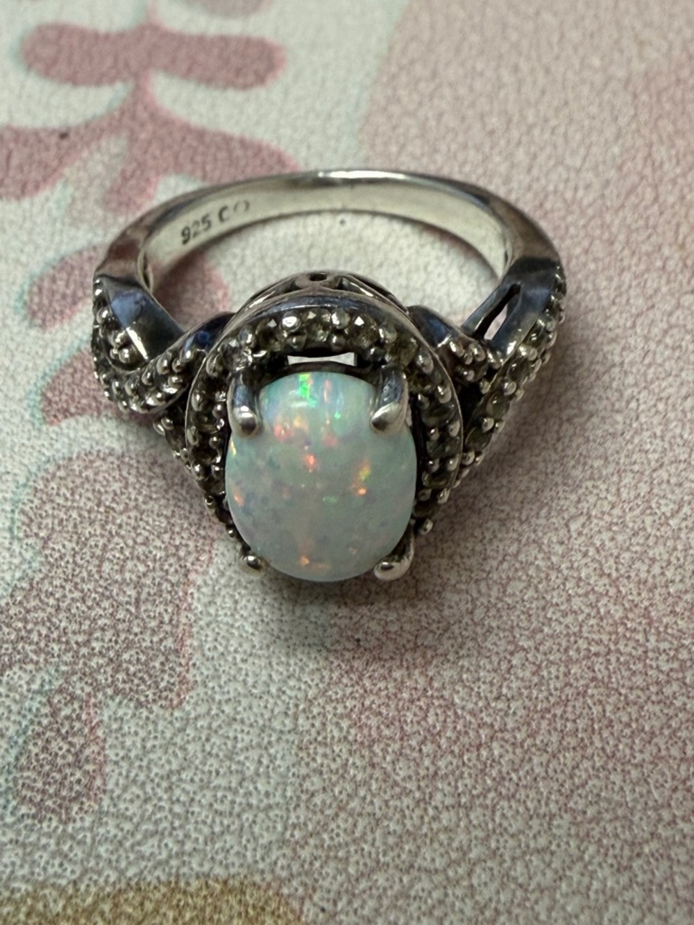 Sterling Silver Opal Halo Ring - White Opal size 4.5